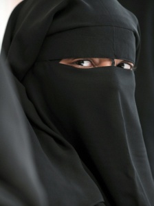 The niqab is a veil which covers the face except for the eyes. Some styles include a layer of gauze which covers even the eyes. Though niqab is not clearly required by the Qur'an, some women chose to wear it. Image courtesy of Google. 